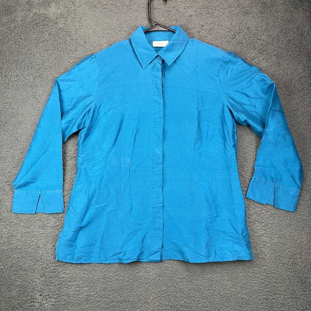 Chicos Womens Size 2 Blue 100% Silk Long Sleeve Button‎ Down Shirt Blouse Top